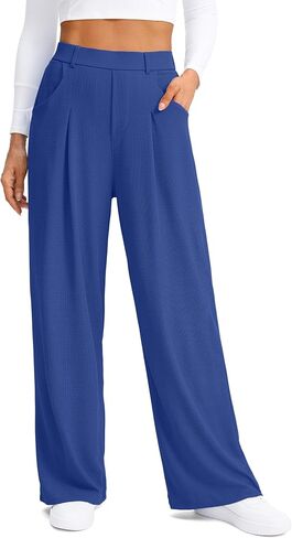 SANTINY Wide Leg Pants Woman Elastic High Waisted Waffle Knit Slacks Business Casual Work Pants Pleated Trousers with Pockets in Saudi Arabia