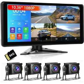 Roinvou 4K RV Backup Camera System with 10.36'' Touchscreen DVR Quad Split Monitor with 4 1080P AHD Cameras, Loop Recording, Parking Monitor & Assist Lines, Bluetooth Music, Image Flip, Free 64GB Card