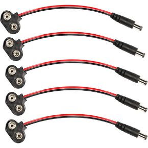 PNGKNYOCN 9V Battery Connector 9v Battery Clip T Type with DC 5.5mmx2.1mm Male Plug for 9V Alkaline Battery（5-Pack）