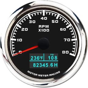 MOTOR METER RACING W Pro Series 85mm 3-3/8" 4 in 1 Tachometer 8000 RPM Water Temp °C/°F Oil Pressure BAR/PSI Hour Meter Black Dial White LED Waterproof for Car Truck Gasoline Diesel Boat Yacht