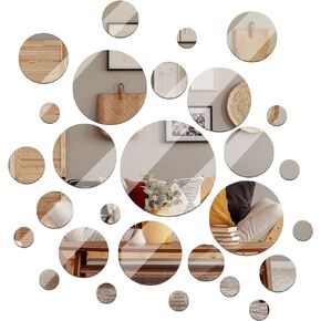 Mirror Wall Stickers Acrylic Mirror Setting Round Peel and Stick Mirror Circle Stick on Mirrors for Wall 3D Self Adhesive Mirror (48 Pcs, 5.9 in, 3.2 in, 2.2 in, 1.4 in, 1 in, 0.9 in)
