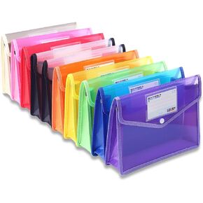 Plastic Document File Folder A4 Size Expandable Poly Envelopes Waterproof Transparent File Pouch with Snap Closure & Label Pocket Assorted Colors for School Office Organization (Vertical,10 Pack)