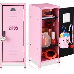 2 Pcs Mini Locker with Lock and 2 Keys 10.8 Inch Miniature Storage Locker Real Littles Locker Kids Small Locker for Desktop Bedroom Home Office School (Pink)