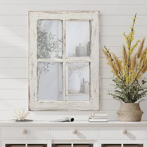 Farmhouse Wood Frame Window Mirror 14" x 33", Vertical Hanging Distressed White Rustic Window Mirrors for Wall Decor, Vintage Rectangular Window Pane Mirror for Living Room Entryway