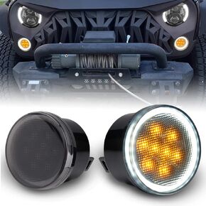 Amber LED Turn Signal Lights with Halo DRL Smoked Lens Compatible with 2007 2008 2009 2010 2011 2012 2013 2014 2015 2016 2017 2018 Jeep Wrangler JK JKU, Pack of 2