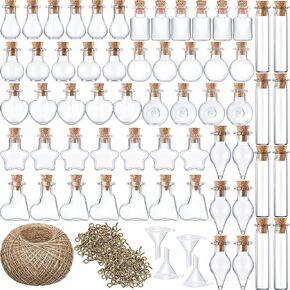 100 Pieces Small Mini Glass Bottles Jars with Cork Stopper Set Tiny Empty Refillable Wishing Bottles Drifting Bottles with Eye Screws Funnels and Rope for DIY Crafts Bead Containers, 10 Shapes