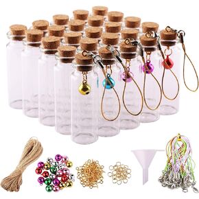 Mini Glass Bottles with Cork Stoppers 15ml Mini Jars Wishing Bottles 25pcs with Connection Accessories Twine Bell Decoration