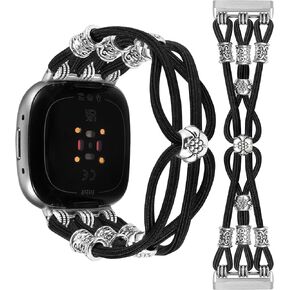 TOYOUTHS Beaded Bracelet Band Compatible with Fitbit Versa 4/Versa 3/Sense 2/Sense Bands Women, Boho Soft Elastic Stretchy Nylon Braided Strap Fancy Charms Designer Breathable Sport Wristband