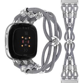 TOYOUTHS Beaded Bracelet Band Compatible with Fitbit Versa 4/Versa 3/Sense 2/Sense Bands Women, Boho Soft Elastic Stretchy Nylon Braided Strap Fancy Charms Designer Breathable Sport Wristband