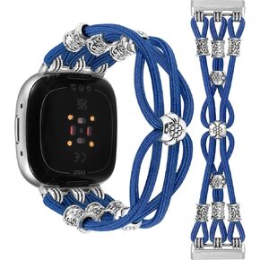 TOYOUTHS Beaded Bracelet Band Compatible with Fitbit Versa 4/Versa 3/Sense 2/Sense Bands Women, Boho Soft Elastic Stretchy Nylon Braided Strap Fancy Charms Designer Breathable Sport Wristband in Kuwait