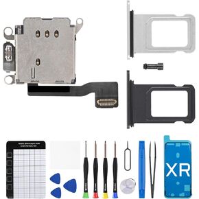 for iPhone XR Dual SIM Card Reader Flex Cable with Black and Silver SIM Double Card Slot Tray Holder Adapter Replacement with SIM Eject Pin Repair Tool Kit A1984 A2105 A2106 A2107 A2108