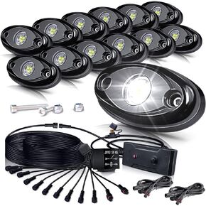 R1 أضواء الصخور LED البيضاء مع مجموعة أدوات تسخير الأسلاك 12 قطعة مجموعة إضاءة الصخور البيضاء النقية الساطعة لشاحنة جيب ATV UTV SUV قارب السيارة على الطرق الوعرة مقاومة للماء للصدمات 12 فولت - 32 فولت تيار مستمر