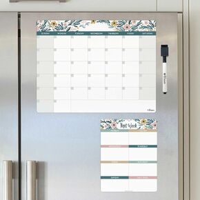 bloom daily planners Magnetic Dry Erase Calendar, 2 Piece Monthly & Weekly Schedule Organizers, Chore Chart, Undated Refrigerator White Boards with Marker - Garden Blooms