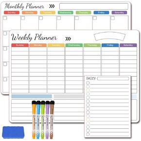 Magnetic Calendar Bundle:Dry Erase Calendar Whiteboard Set (3-Pack) for Refrigerator, Wall, and Fridge Organization with Monthly, Weekly, and Daily Notepads. Comes with 5 Markers and 1 Eraser