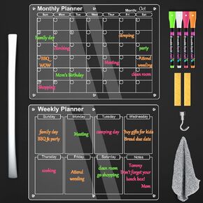 Acrylic Magnetic Calendar for Fridge, 2 Pack 16"x12" Acrylic Fridge Calendar Magnetic Acrylic Calendar for Fridge, Monthly & Weekly Acrylic Planning Board with 4 Highlight Markers & Erase Towel