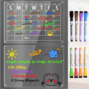Magnetic Acrylic Calendar for Fridge,2 Set of Magnetic Monthly and Weekly Refrigerator Calendar for Fridge, Dry Erase Board Calendar Planner,Fridge Calendar with 8 Colorful Makers