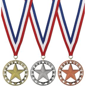 Hodges Badge Company RS Star ميداليات ذهبية وفضية وبرونزية مع شريط رقبة أحمر وأبيض وأزرق - مصنوع من المعدن - يُباع في مجموعة متنوعة من 3 قطع