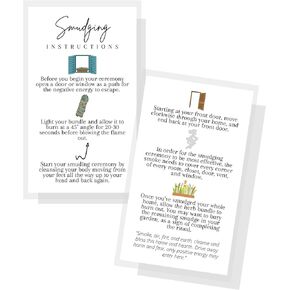 Smudging Instruction Cards | 50 Pack | 2x3.5" inches Business Card | Smudge Stick Instructions for Cleansing Negative Energy | Spiritual Cleansing | White Card with Colored Icons