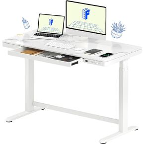 مكتب قائم من الرخام مقاس 48 بوصة من FLEXISPOT بارتفاع قابل للتعديل مع شحن منفذ USB، طاولة كمبيوتر منزلية كهربائية للمكتب مع تخزين أدراج (سطح رمادي رخامي حديث + إطار أبيض)
