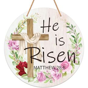 Vintage Floral He is Risen Door Sign 11.8" He is Risen Decor Signs Religious Easter Door Hanging Sign for Home Wall Wreath Farmhouse Indoor Outdoor Easter Spring Decorations