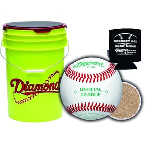 Diamond Sports D-OB DOB Baseballs in 6-Gallon Ball Yellow Cushion Lid Bucket 30 Balls with Rods Insulated Can Sleeve