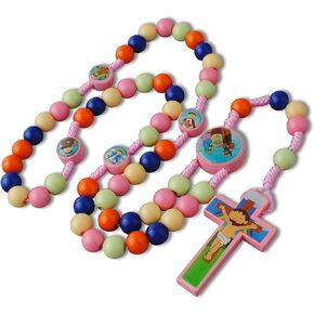 Multicolor Wood Beads Saint Prayer with Nativity Centerpiece Cord Rosary for Kids