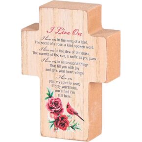Dicksons I Live On, Cardinal Rose Design, Brown/Red 3.88 x 2.75 Inch MDF Wood Tabletop Block Cross Sign Plaque
