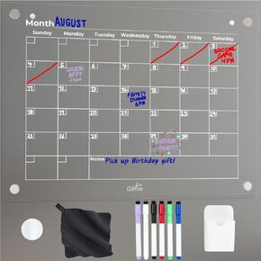 Home Genie Clear Acrylic Magnetic Dry Erase Calendar for Fridge, 16"x12" Weekly Board, Secure Hold Magnet Organizer Refrigerator with 6 Color Markers, Transparent Planner, Home Essentials, Black Text in Kuwait