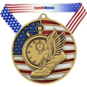 Decade Awards Track & Field Patriotic Medal – Gold, Silver, Bronze | Red, White, Blue Running Award | with Stars and Stripes American Flag Neck Ribbon | 2.75 Inch Wide