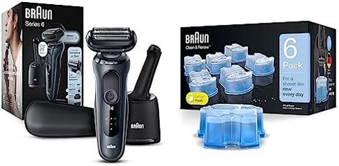 Braun for Sensitive Skin Electric Razor for Men, Waterproof, Rechargeable, Clean & Charge Station with Travel Case, Black with Clean & Renew Refill Cartridges, 6 Count, Pack of 1 in Kuwait