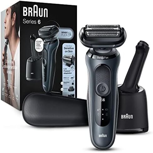 Braun for Sensitive Skin Electric Razor for Men, Waterproof, Rechargeable, Clean & Charge Station with Travel Case, Black with Clean & Renew Refill Cartridges, 6 Count, Pack of 1 in Kuwait