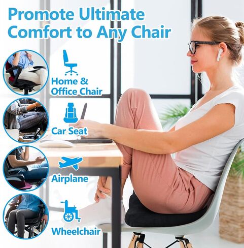 Office & Car Seat Cushion, Non-Slip Sciatica & Back Coccyx Tailbone Pressure Relief Seat Cushion Chair Pad, Memory Foam Butt Pillow for Computer Desk, Wheelchair, Driving (Black) in Saudi Arabia