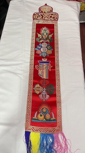 Tibetan Buddhist red Silk Brocade Om mani Padme hum Mantra,dorje,kalachakra,norbu Wall Hanging/Banner/wholesale from nepal in Saudi Arabia