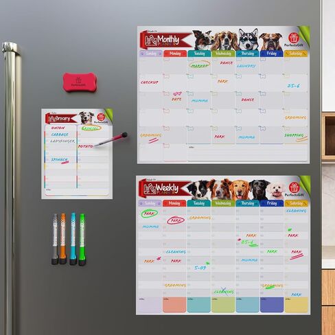 Dry Erase Magnetic Calendar for Refrigerator (3 Sets), Monthly, Weekly & Grocery Planner Whiteboards - Perfect Board Magnet Calendars for Fridge, Wall - 5 Color Markers & 1 Eraser - PerfectsGift. in Saudi Arabia
