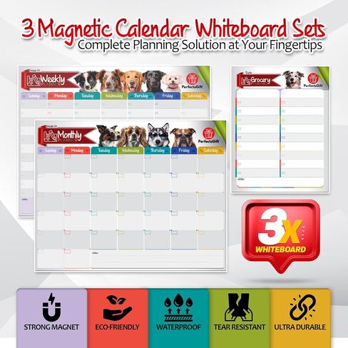 Dry Erase Magnetic Calendar for Refrigerator (3 Sets), Monthly, Weekly & Grocery Planner Whiteboards - Perfect Board Magnet Calendars for Fridge, Wall - 5 Color Markers & 1 Eraser - PerfectsGift. in Saudi Arabia