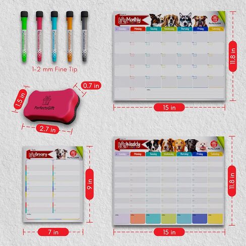 Dry Erase Magnetic Calendar for Refrigerator (3 Sets), Monthly, Weekly & Grocery Planner Whiteboards - Perfect Board Magnet Calendars for Fridge, Wall - 5 Color Markers & 1 Eraser - PerfectsGift. in Saudi Arabia