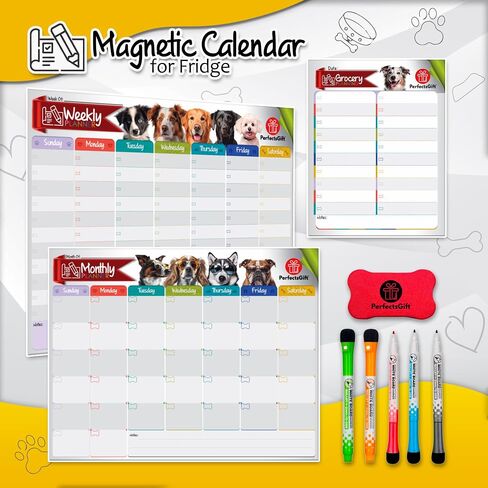 Dry Erase Magnetic Calendar for Refrigerator (3 Sets), Monthly, Weekly & Grocery Planner Whiteboards - Perfect Board Magnet Calendars for Fridge, Wall - 5 Color Markers & 1 Eraser - PerfectsGift. in Saudi Arabia