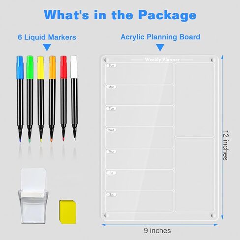 لوحة مخططة لوجبات الثلاجة من الأكريليك، قائمة مغناطيسية لثلاجة المطبخ مع 6 أقلام تلوين - مذكرة واضحة لقائمة المهام ولوحة تخطيط تقويم الثلاجة الأسبوعية مقاس 12 × 9 بوصة in Kuwait