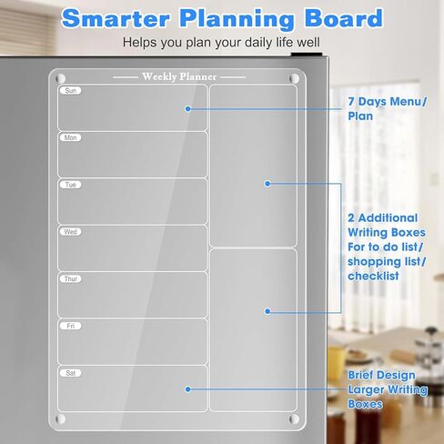 لوحة مخططة لوجبات الثلاجة من الأكريليك، قائمة مغناطيسية لثلاجة المطبخ مع 6 أقلام تلوين - مذكرة واضحة لقائمة المهام ولوحة تخطيط تقويم الثلاجة الأسبوعية مقاس 12 × 9 بوصة in Kuwait