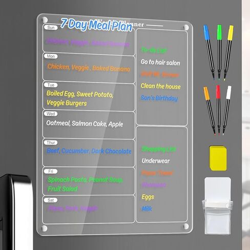 لوحة مخططة لوجبات الثلاجة من الأكريليك، قائمة مغناطيسية لثلاجة المطبخ مع 6 أقلام تلوين - مذكرة واضحة لقائمة المهام ولوحة تخطيط تقويم الثلاجة الأسبوعية مقاس 12 × 9 بوصة in Kuwait