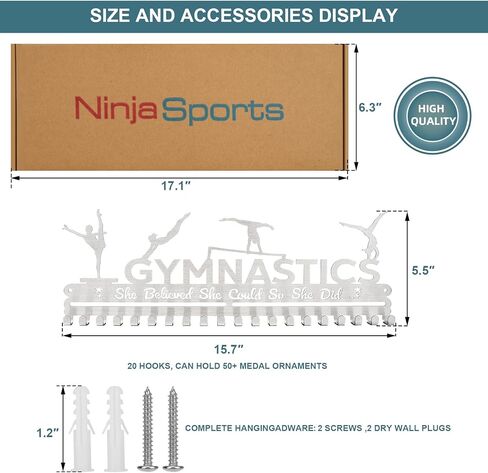 Gymnastics Medal Hanger Display for Girls, Stainless Steel Bow Holder Wall Mount for Over 20 Medals and Ribbons, Screws and Anchors Included, 5.2 x 15.7 inches in Kuwait
