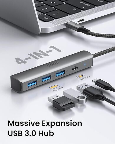 موزع USB C، محور محول متعدد المنافذ SAILLIN 4 في 1 USB C مع 3 منافذ USB 3.0، توصيل طاقة 100 واط، غلاف ألومنيوم USB C/Thunderbolt 3 إلى USB 3.0 لأجهزة MacBook Pro/Air، iPad Pro، XPS، والمزيد in Kuwait