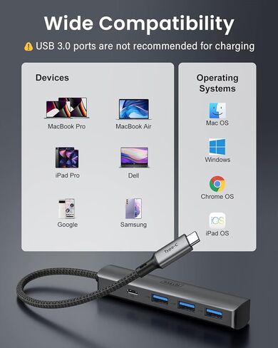 موزع USB C، محور محول متعدد المنافذ SAILLIN 4 في 1 USB C مع 3 منافذ USB 3.0، توصيل طاقة 100 واط، غلاف ألومنيوم USB C/Thunderbolt 3 إلى USB 3.0 لأجهزة MacBook Pro/Air، iPad Pro، XPS، والمزيد in Kuwait