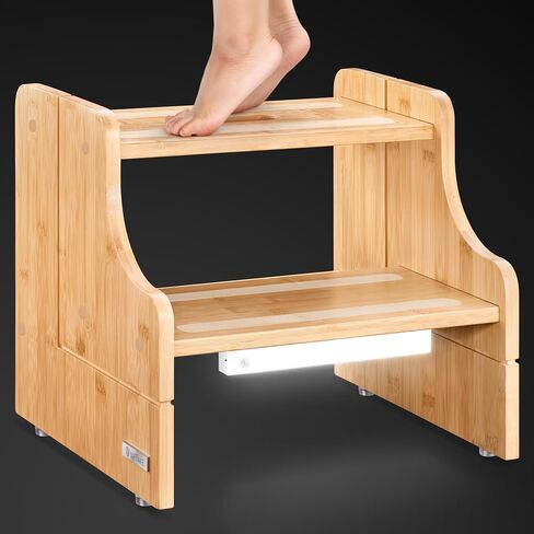 Scandinavian-Style Step Stool - Bamboo 2 Step Stools for Kids, 250 lb Capacity - Safe, Durable Toddler Wood Step Stool - Bathroom Sink Wooden Stool for Toddlers - with Auto Light (Natural) in Saudi Arabia