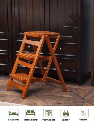 3 Step Stool Home Wooden Folding Ladder Chair Thickened Library Stair Chair Portable Light Garden Tool Ladder Maximum Load 150KG in Saudi Arabia