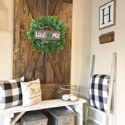 أكاليل HOMCDALY للباب الأمامي، إكليل باب مقاس 16 بوصة مع علامة ترحيب قابلة للتبديل، إكليل أخضر لربيع وصيف، إكليل مزرعة اصطناعي معلق لتزيين الباب الأمامي ديكور الشرفة المنزلية (16 بوصة) in Kuwait