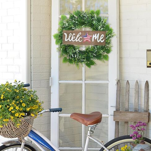 أكاليل HOMCDALY للباب الأمامي، إكليل باب مقاس 16 بوصة مع علامة ترحيب قابلة للتبديل، إكليل أخضر لربيع وصيف، إكليل مزرعة اصطناعي معلق لتزيين الباب الأمامي ديكور الشرفة المنزلية (16 بوصة) in Kuwait