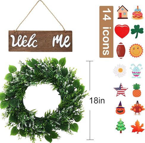 أكاليل HOMCDALY للباب الأمامي، إكليل باب مقاس 16 بوصة مع علامة ترحيب قابلة للتبديل، إكليل أخضر لربيع وصيف، إكليل مزرعة اصطناعي معلق لتزيين الباب الأمامي ديكور الشرفة المنزلية (16 بوصة) in Kuwait