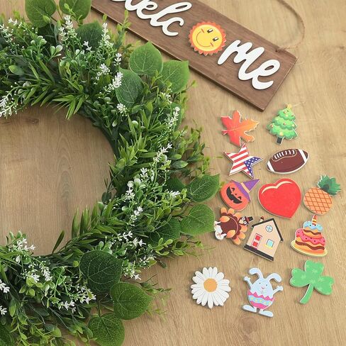 أكاليل HOMCDALY للباب الأمامي، إكليل باب مقاس 16 بوصة مع علامة ترحيب قابلة للتبديل، إكليل أخضر لربيع وصيف، إكليل مزرعة اصطناعي معلق لتزيين الباب الأمامي ديكور الشرفة المنزلية (16 بوصة) in Kuwait