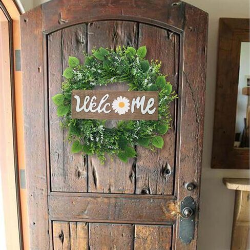 أكاليل HOMCDALY للباب الأمامي، إكليل باب مقاس 16 بوصة مع علامة ترحيب قابلة للتبديل، إكليل أخضر لربيع وصيف، إكليل مزرعة اصطناعي معلق لتزيين الباب الأمامي ديكور الشرفة المنزلية (16 بوصة) in Kuwait